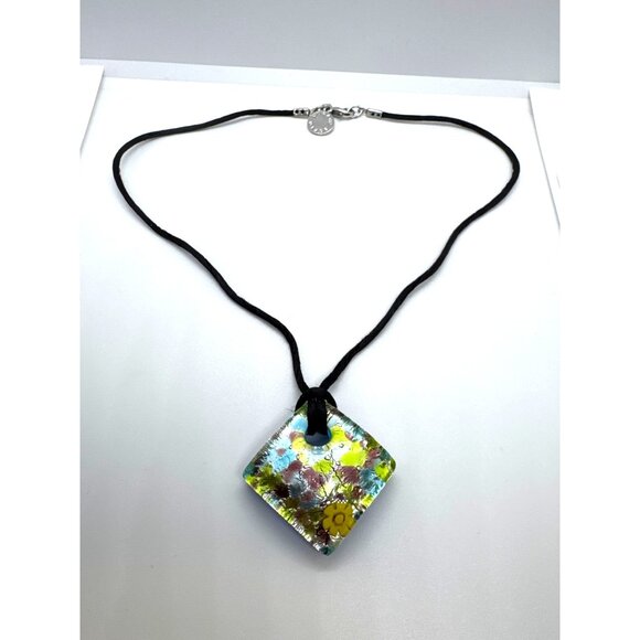 Murano Glass Millefiori Dichroic Square Pendant Necklace VS Artisan Blue Floral - Picture 3 of 9
